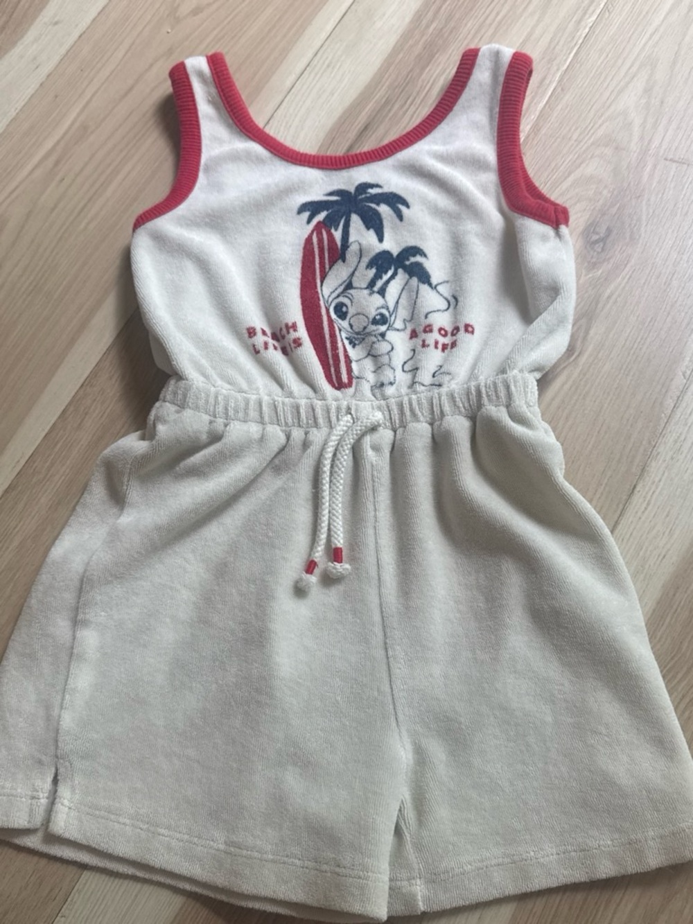 Zara Cream Terry Romper with Pink Trim and Surf Graphic